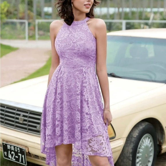 Purple Asymmetrical Sundress with Halter Neckline for Wedding Guest - Picture 3 of 16